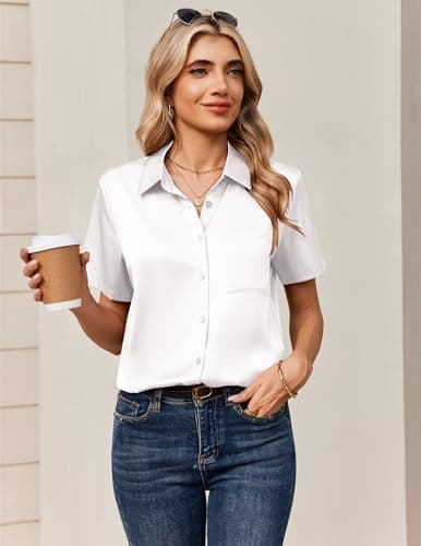 Zeagoo Satin Button Down Shirts for Women Silky Blouses Dressy Business Casual Work Tops White — view 3