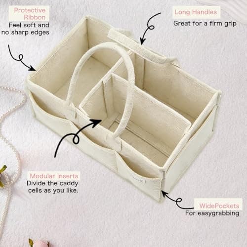 Diaper Caddy Organizer, Nursery Storage Bin Basket with Handle, Felt Diaper Organizer Suitable for Indoor Outdoor, White — view 2