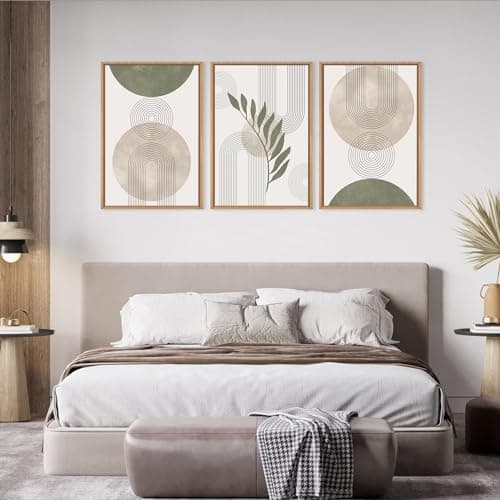 HPNIUB HPINUB Sage Green Framed Canvas Prints Wall Art Set, Abstract Botanical Boho Wall Decor, Minimalist Geometric Line Leaf Canvas Artwork for Living Room, Bedroom, Dining Room, Office, Bathroom - — view 4