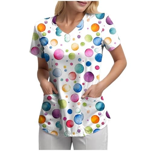 Women Scrub Tops Caregiver Uniform Butterfly Floral Heart Patter V Neck Short Sleeve Scrub Top Tunic Workwear