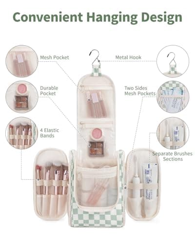 Narwey Small Hanging Toiletry Bag Women Travel Toiletries Makeup Bag Cosmetic Make up Bags for Travel Size Essentials Accessories (Medium,Mint Green Checkerboard)