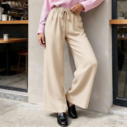 Women Linen Pant Casual Drawstring Wide Leg Palazzo Pants High Waisted Summer Beach Vacation Slacks with Pockets Beige — view 4