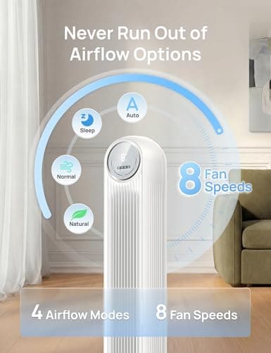 DREO Tower Fan for Bedroom, 2026 Upgraded DC Motor, 28ft/s High Velocity, 20dB Ultra Quiet Standing Fan, 8 Speeds 4 Modes, 90° Oscillating Bladeless Fan for Indoors, Floor Fans with Remote, White — view 3