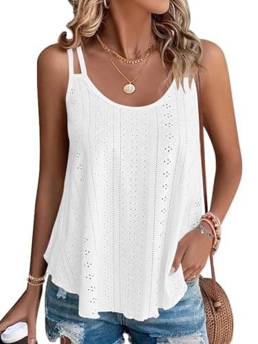 WNEEDU 2026 Womens Summer Tank Tops Eyelet Embroidery Sleeveless Spaghetti Strap Pleated Flowy Scoop Neck Hollow Cami White M