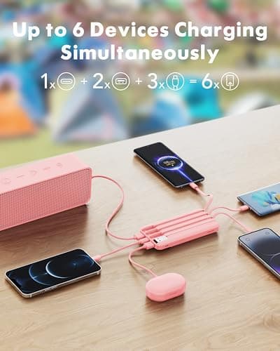 charmast Portable Charger with Reinforced Built-in 4 Cables,10000mAh Power Bank Travel Essentials 6 Outputs 3 Inputs 3A Fast Charging Compatible with iPhone iPad Samsung Google Pixel LG Moto — view 2