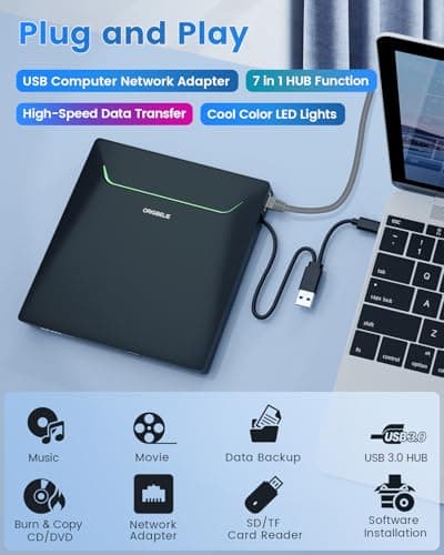 New External CD DVD Drive, Cool DVD Burner USB 3.0 with Ethernet Adapter, 3 USB and 2 TF/SD Card Ports, CD DVD Player Reader Writer Optical Disc Drive for Laptop MacBook PC Windows Linux Mac OS