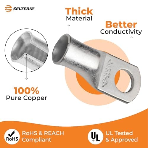 SELTERM 15pcs 1/0 AWG 3/8" Stud UL Marine Grade Battery Terminal Connectors Tinned Copper Battery Cable Lugs 0 Gauge Wire Connectors Electrical Battery Cable Ends Ring Terminals Tinned Copper Lugs — view 2