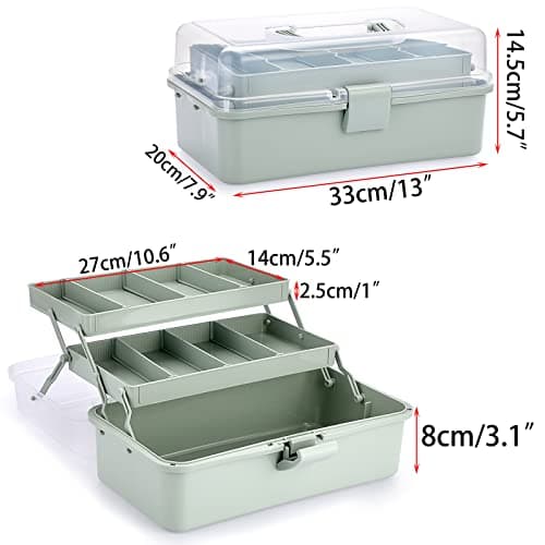 BTSKY 3-Layer Plastic Dividing Storage Box Craft Organizer and Storage with Adjustable Spacers Portable Handled Art Supply Organizer Multipurpose Home Utility Box for Medicine Sewing(Haze Green) — view 3