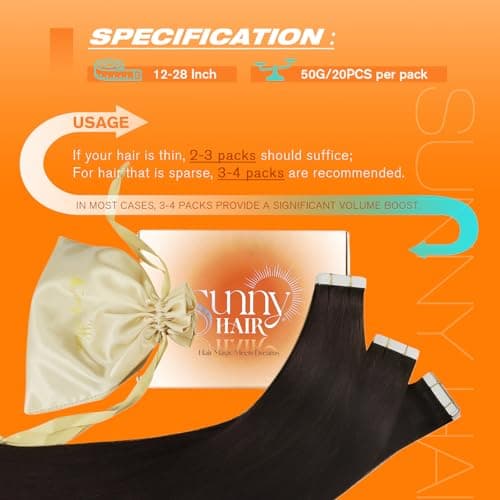 Sunny Hair Tape in Hair Extensions Human Hair 20inch Remy Hair Extensions for Women Real Human Hair Brunette Dark Brown Invisible Tape in Extensions Straight 20Pcs — view 4