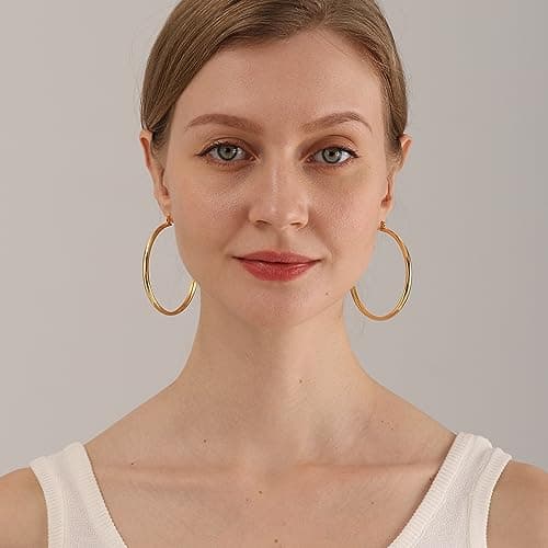 4mm Thick Gold Chunky Earrings Steling Silver Post Hoops Earrings For Women Hollow Tube Hoops Earrings Thick Golden Hoop Earrings Hypoallergenic Lightweight Gold Hoop Large Earrings 20/30/40/50/60MM — view 3