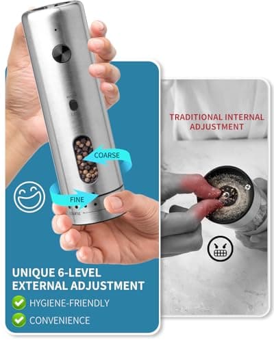 CIRCLE JOY Electric Salt and Pepper Grinder Set with Rechargeable Base Upgraded Stainless Steel Automatic Salt and Pepper Shakers with 2 Grinding Speeds, External Adjustment and 110ml Capacity, Silver — view 2