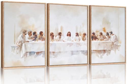 Ausril Jesus Last Supper Framed Canvas Wall Art Set, Christian Twelve Apostle Wall Decor, Bible Renaissance wall Painting, Religious Picture Art Print for Living Room, Bedroom, Church, Large 16"x24"x3