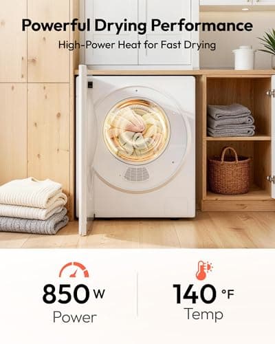 EUHOMY 1.5 Cu.ft. Portable Dryer with 4 Drying Programs, 5.5 lbs Clothes Capacity, Mirror Finish & LCD Touch Panel, 850W Portable Clothes Dryer for Apartment, Dorm & RV, White — view 2