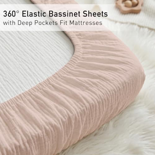 Muslin Bassinet Sheets 2 Pack, Soft Breathable Fitted Sheets for Bedside Sleeper Bassinet, 33x20 Inch, Snug Fit Baby Bassinet Mattress Cover for Newborn Boys Girls (Gentle Colors) — view 7