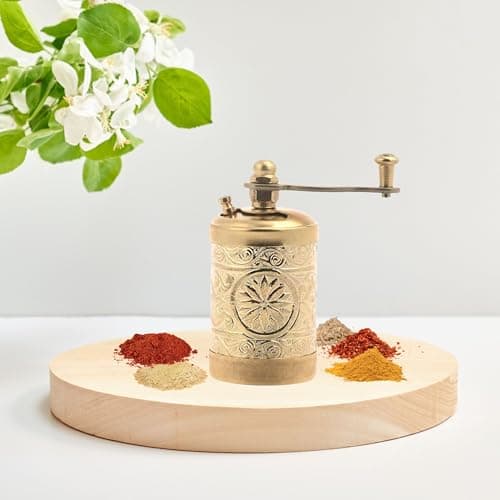 LaModaHome Vintage Mini Antique Copper Grinder for Salt and Pepper, Turkish, Greek, Arabic Coffee Beans, Spices, Herbs Mill, Manual Kitchen Accessories for Home, Restaurant, Farmhouse, Gift - Gold — view 5