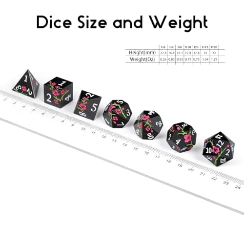 Silver Metal DND Dice Set, 7PCS D&D Metal Dice with Metal Case for Dungeons and Dragons, Shadowrun, Pathfinder, Savage World and Table Games (Matte Black with Pink Flower) — view 4