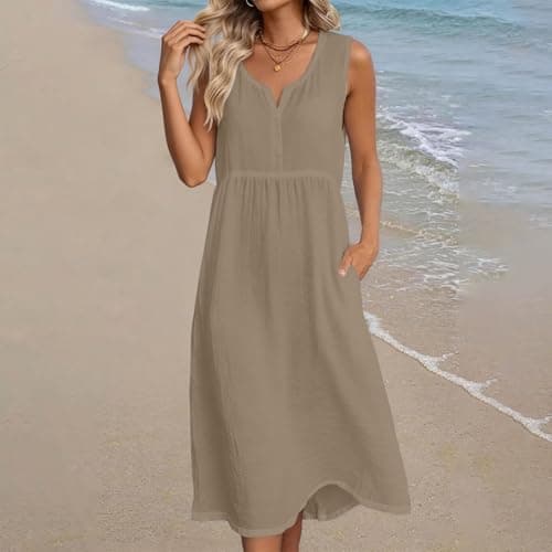 Frostluinai Tshirt Dresses Women Trendy 2026 Summer Dresses for Women Over 60 Womens Cotton Linen Midi Dresses Sleeveless Vneck Empire Waist Beach Casual Sundress — view 2