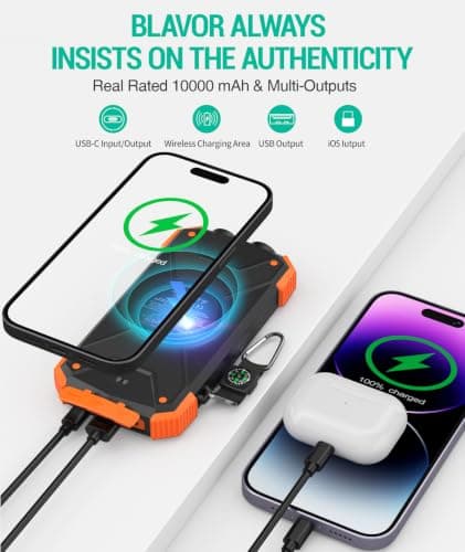 BLAVOR Solar Power Bank 10,000mAh, Portable Wireless Charger, 20W Fast Charging External Battery Pack with USB C for Cell Phones, Solar Panel Charging with Dual Flashlight for Camping — view 4