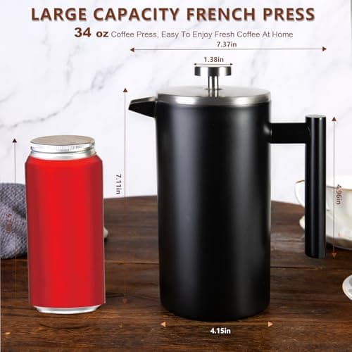 SZHETEFU 34 OZ Large French Press, Premium Stainless Steel Sturdy Insulated French Press Coffee Maker, 4-8 Cups French Coffee Press, Tea Presses for Home Kitchen Caming Loose Tea, Elegant Black — view 8