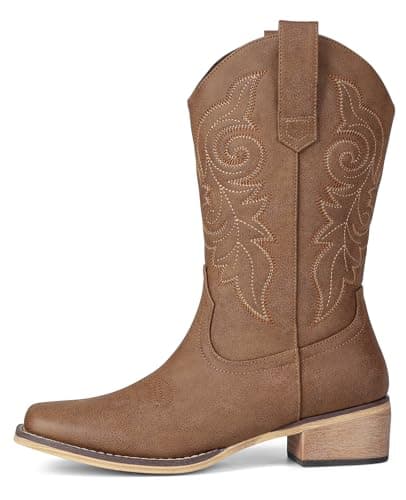 Pasuot Western Cowboy Boots for Women - Brown Square Toe Mid Calf Cowgirl Boots, Low Chunky Heel Country Boot with Classic Retro Embroidery Pull On for Ladies Rodeo Festival Concert US 8 — view 3