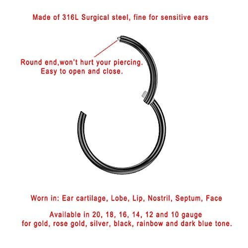 Black Cartilage Earring Hoop Tragus Earrings Women 16 Gauge 7mm Nose Rings