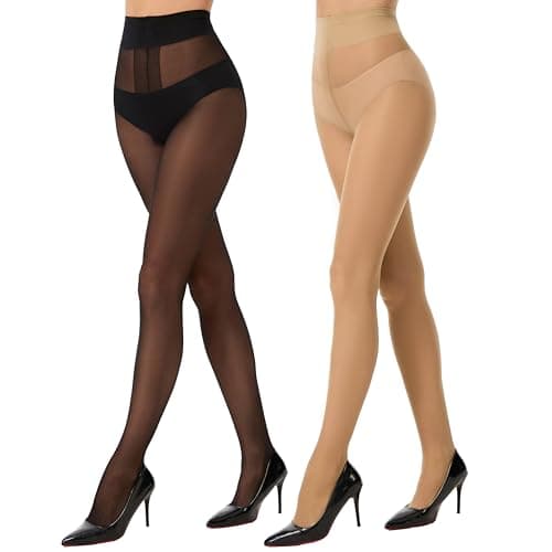 HeyUU 40D T-Crotch Sheer Pantyhose for Women, High Waist Stretchy Silky Stockings with Durable Reinforced Toes Black+Natural L-XL