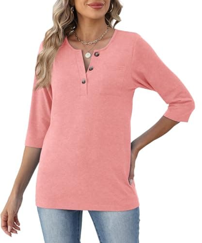 JomeDesign Summer Outfits for Women 2026 3/4 Length Sleeve Womens Tops Loose Fit Shirts Coral Pink L