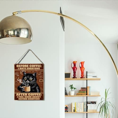Before Coffee I Hate Everyone After Coffee I Feel Good About Hating Everyone Black Cat Hanging Plaque, 6.7 x 10 Inches Funny Wall Decor for Kitchen, Office, Home — view 4