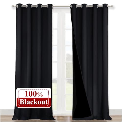 NICETOWN Extra Long Truly Blackout Drapes for Hall and Villa, 52-inch Width Each Panel, 102-inch Length, Black, 2 Pieces, 100% Blackout Window Curtain Panels with Black Lined for Night Shift Worker