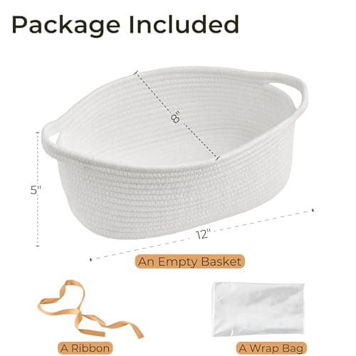 Kodomoore Gift Basket with Wrap Bag and Ribbon, Empty Small Woven Basket for Gift, Cute Decorative Gift Organizer for Baby Showers, Raffle, Valentine‘s, Easter and Mum – 12"x8"x5", White