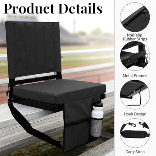 NBYTLT 2 Pack Stadium Seats for Bleachers with Back Support, Folding Bleacher Chairs with Wide Padded Cushion, Backrest and Shoulder Strap, Portable Bleacher Cushion for Sports Outdoor Event, Black — view 4