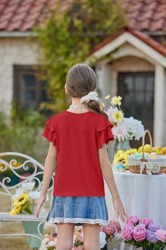Arshiner Girls Red Shirts Little V Neck Tops Ruffle Sleeve Girl Clothes Casual Blouses for Kids Dressy Summer Soft Tee 7-8 Years