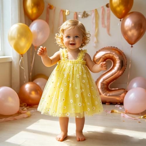 AGQT Baby Girls Daisy Tutu Dress Sleeveless Kids Tulle Birthday Party Dresses Casual Playwear Tunic Babydoll Dress Yellow Daisy-Lace Size 12-18 Months — view 2
