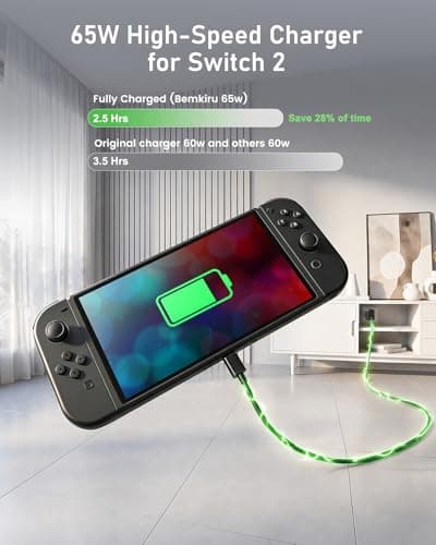 Switch 2 Charger with 10ft USB Cable, Bemkiru 65W Foldable AC Power Adapter Fast Charger for Nintendo Switch 2/1, Supports Docked TV Mode, Long Charging Cable for Couch/Bed Gaming