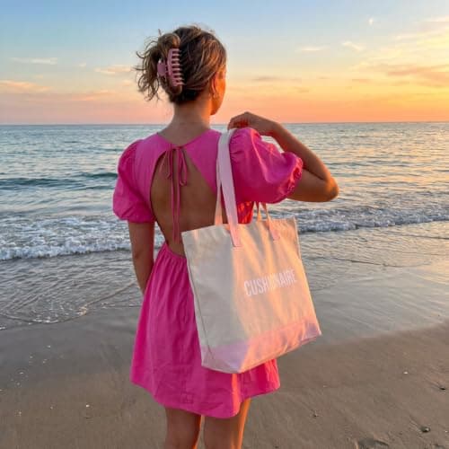 CUSHIONAIRE Canvas Tote Bag for Women, Everyday Casual Beach Bag with Secure Zip Top and Exterior Storage Pocket, Pink