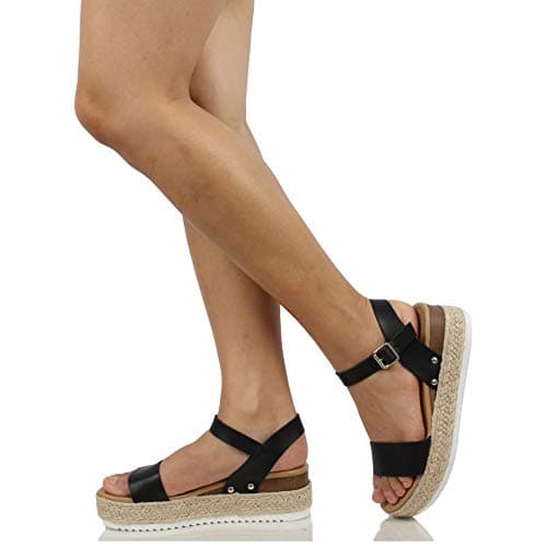 Soda Topic Open Toe Buckle Ankle Strap Espadrilles Flatform Wedge Casual Sandal (Black, 8)