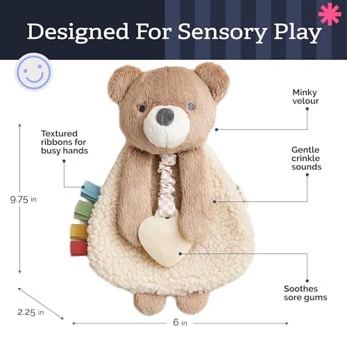 Itzy Ritzy - Itzy Lovey Including Teether - Baby Lovey with Teether, Textured Ribbons & Dangle Arms - Features Crinkle Sound, Sherpa Fabric and Minky Plush (Bear) — view 2