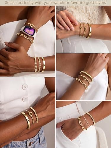 Gokeey Gold Cuff Bracelets for Women Trendy Waterproof, 14K Gold Plated Chunky Gold Bangles Beaded Bracelet for Women Fashion Accessories, Stackable Rope Forever Love Knot Infinity Paperclip Cuban Twist Bracelets Stack Set Bold Vintage Statement Jewelry — view 3