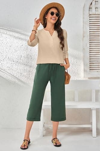 SHOLOW Women Cotton Linen Blouses Dressy Casual 3/4 Length Sleeve Womens Tops Button Down V Neck T Shirt Khaki — view 2