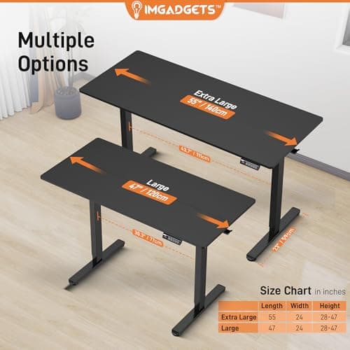 IMGadgets Electric Standing Desk, 47x24 Inches Height Adjustable, 2026 6th Gen Quiet Motor Ergonomic Sit Stand Desk, Computer Desk for Home Office, Height Memory Buttons, Display, 2 Headphone Holders