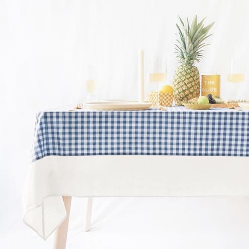 MONDAY MOOSE Gingham Checkered Farmhouse Rustic Picnic Style Decoration Rectangle Natural Stonewashed Cotton Tablecloth for Kitchen, Dining Room, Restaurant (55x70 inch, Blue/White) — view 4