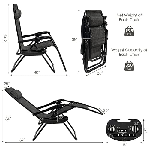 Goplus Zero Gravity Lounge Chairs, 160°Adjustable Folding Recliner w/Pillow and Cup Holder, 350LBS Comfy Outdoor Lounge Chairs for Patio, Lawn, Yard & Camp(1, Gray) — view 2
