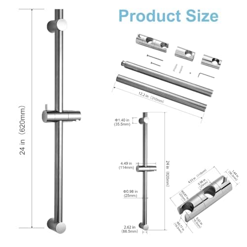 OFFO Shower Slide Bar Combo, 620mm（24 in） Segmental Slide Bar with 6-Mode High Pressure Handheld Shower Head and 60 in Stainless Steel Hose, Chrome — view 3