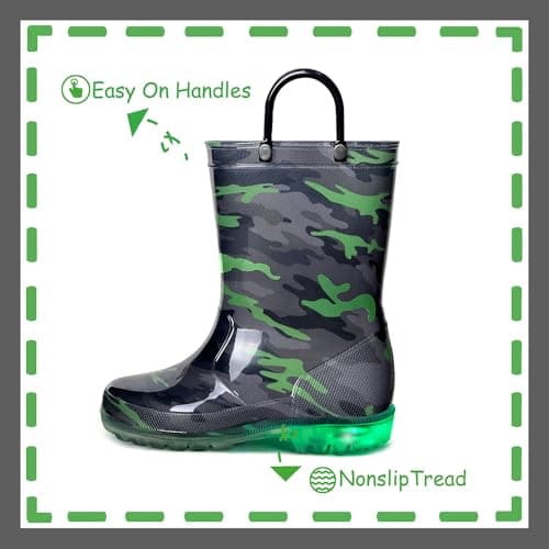 OUTEE Toddler Boys Rain Boots Little Kids Baby Light Up Waterproof Rubber Shoes Printed Mud Lightweight Adorable with Easy-On Handles Non Slip Sole Black Green Camo Size 8 — view 4