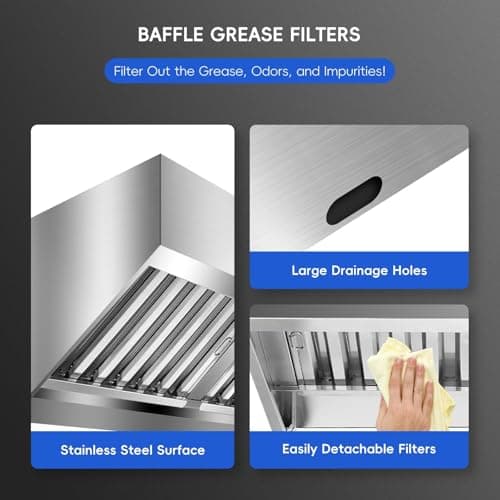 Garvee 8FT Commercial Exhaust Hood, 201 Stainless Steel Rust Resistant Vent Hood with 4 Detachable U-Shaped Oil Filter Mesh, Commercial Grade for Kitchen/Restaurant/Food Truck/Concession Stand — view 3