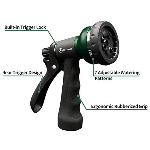 AUTOMAN-Garden-Hose-Nozzle, ABS Water Spray Nozzle with 7 Adjustable Watering Patterns, Slip Resistant for Watering Plants, Lawn& Garden, Washing Cars, Cleaning, Showering Pets & Outdoor Fun.