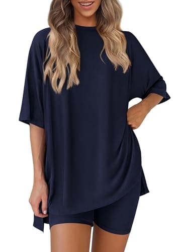 PRETTYGARDEN Women 2 Piece Lounge Set 2026 Summer Casual Oversized Shirts Biker Shorts Matching Airport Travel Outfit Clothes (Navy,Medium)