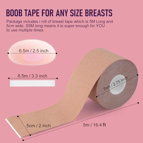 Ultimate Breast Tape Kit for Women, 1 Roll Boob Tape, 8 Pairs Nipple Covers, 41pcs Fashion Tape Strips and Test Pad, Hypoallergenic, Waterproof & Reusable for Dresses, Weddings, Sports — view 3