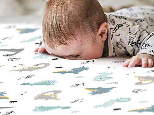 GRSSDER Stretchy Ultra Soft Jersey Knit Fitted Pack n Play Sheets Set 2 Pack, Portable/Mini Crib Sheets for Boys, Universal Fit for Pack N Plays Safe and Snug, Happy Dinosaurs for Baby — view 3
