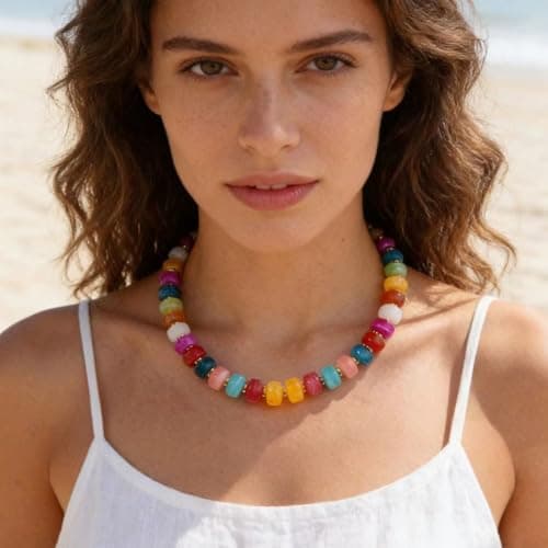 Bowdcvy Chunky Beaded Statement Necklace for Women Trendy Colorful Boho Resin Bead Choker Necklaces Summer Handmade Jewelry Gifts Accessories (Colorful - 1)